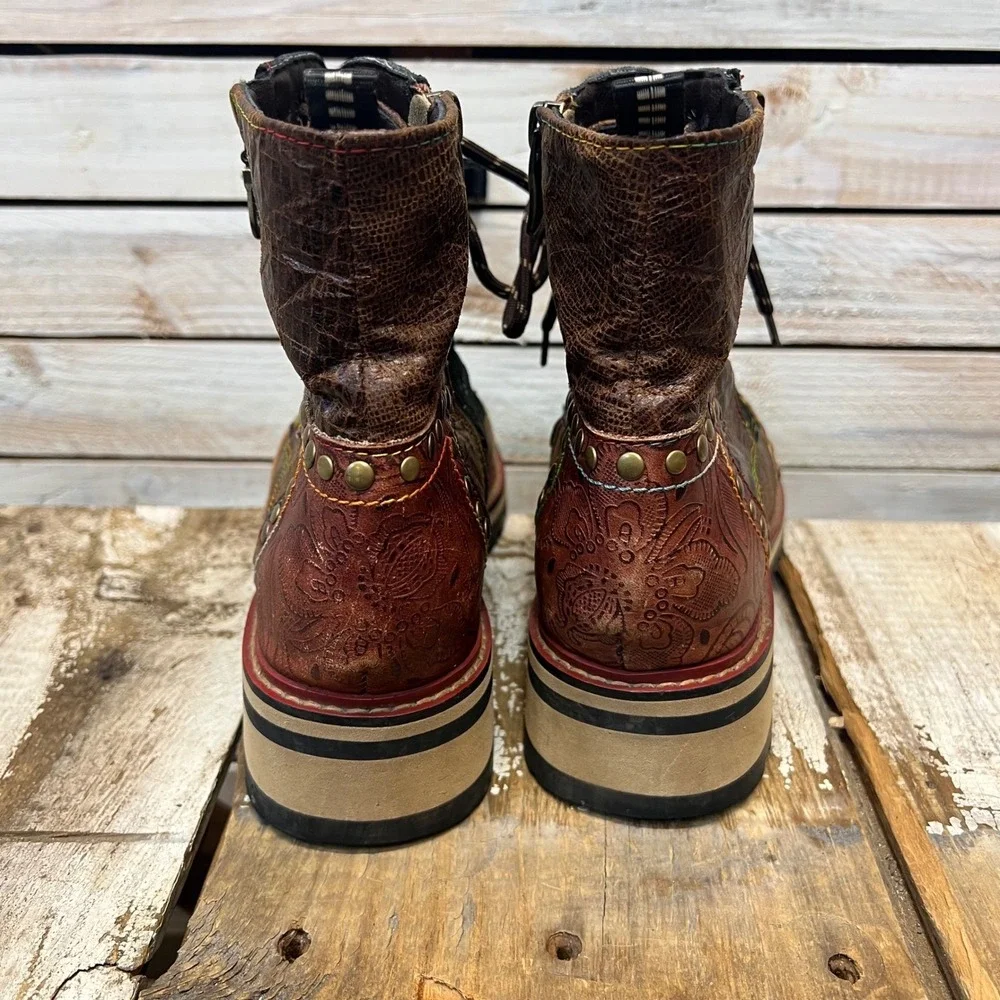 Spring Step L'Artiste Leather Combat Boots Studded Patchwork Floral Size 40